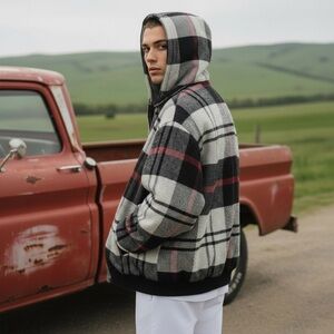 Woolrich VTG 50s 60s Grey Black & Red‎ Plaid Faux Fur Lined Hooded Jacket 46/L